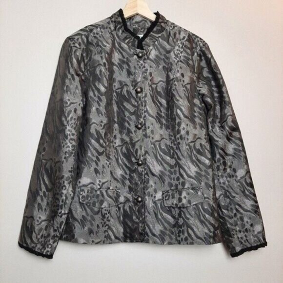 COLDWATER CREEK / Blazer Jacket Button Front Black & Grey Abstract Sz L - Picture 2 of 14